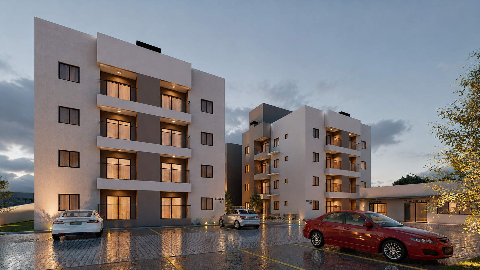 Conjunto residencial multifamiliar com blocos baixos, estacionamento e salão de festas