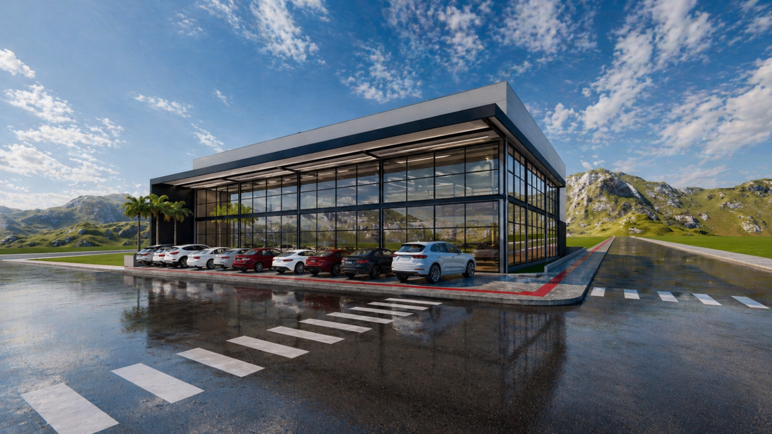 Pavilhão comercial amplo com fachada totalmente envidraçada e estacionamento externo