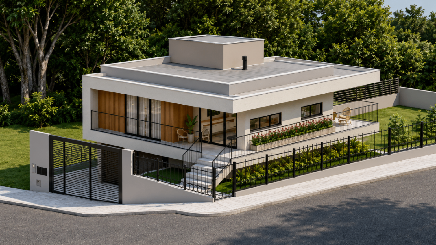 Residência unifamiliar contemporânea com varanda e paisagismo lateral