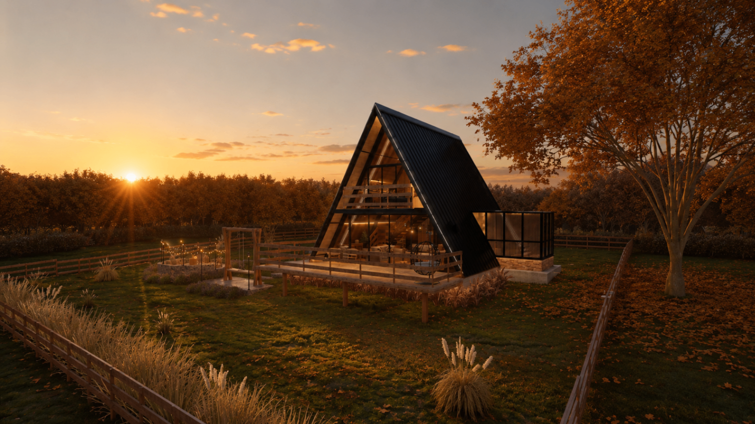 Chalé residencial com estrutura em A ao pôr do sol em Caxambu do Sul