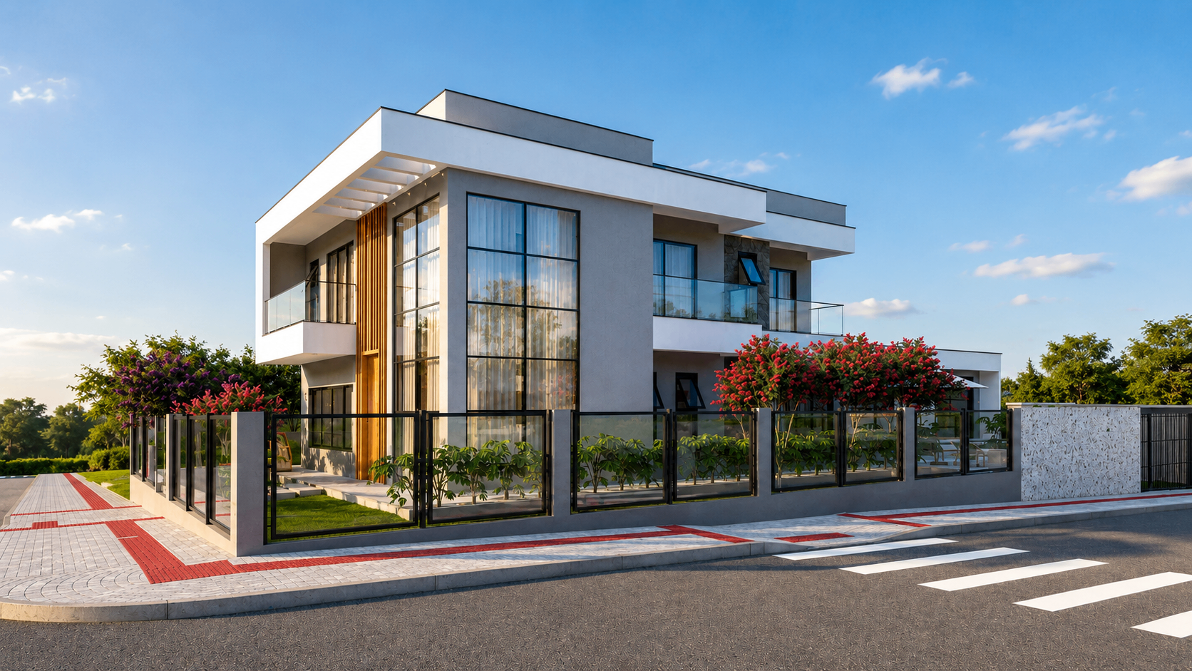 Residência de esquina com fachada moderna e grandes panos de vidro