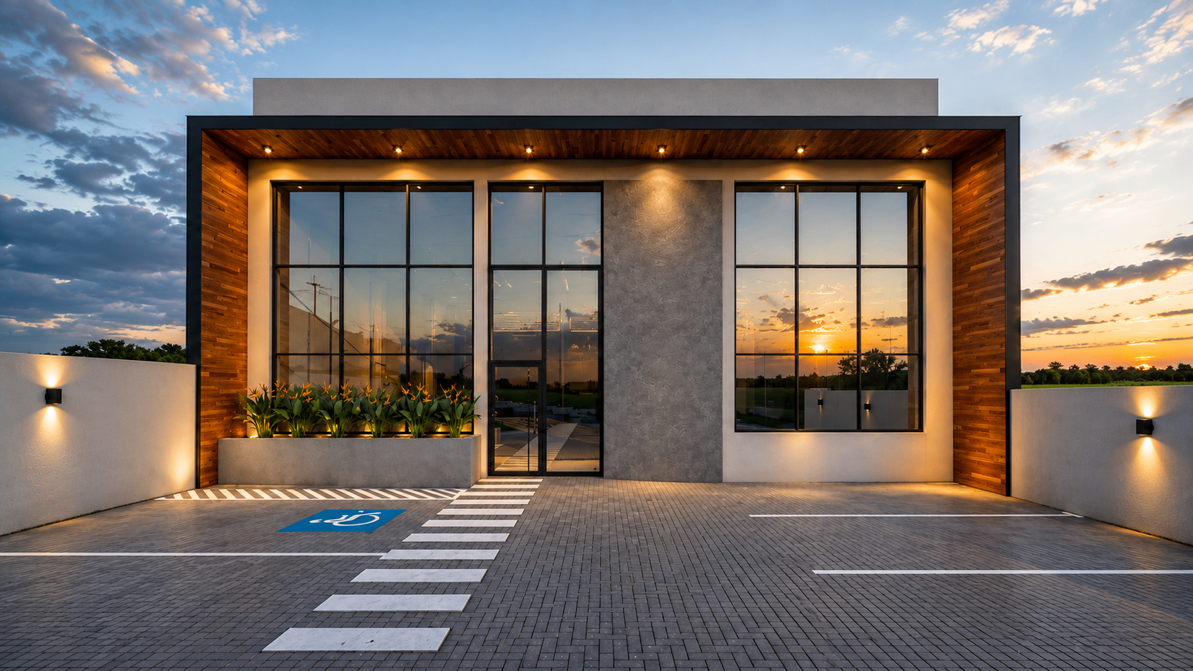 Empreendimento comercial com fachada moderna, iluminação cênica e grandes esquadrias