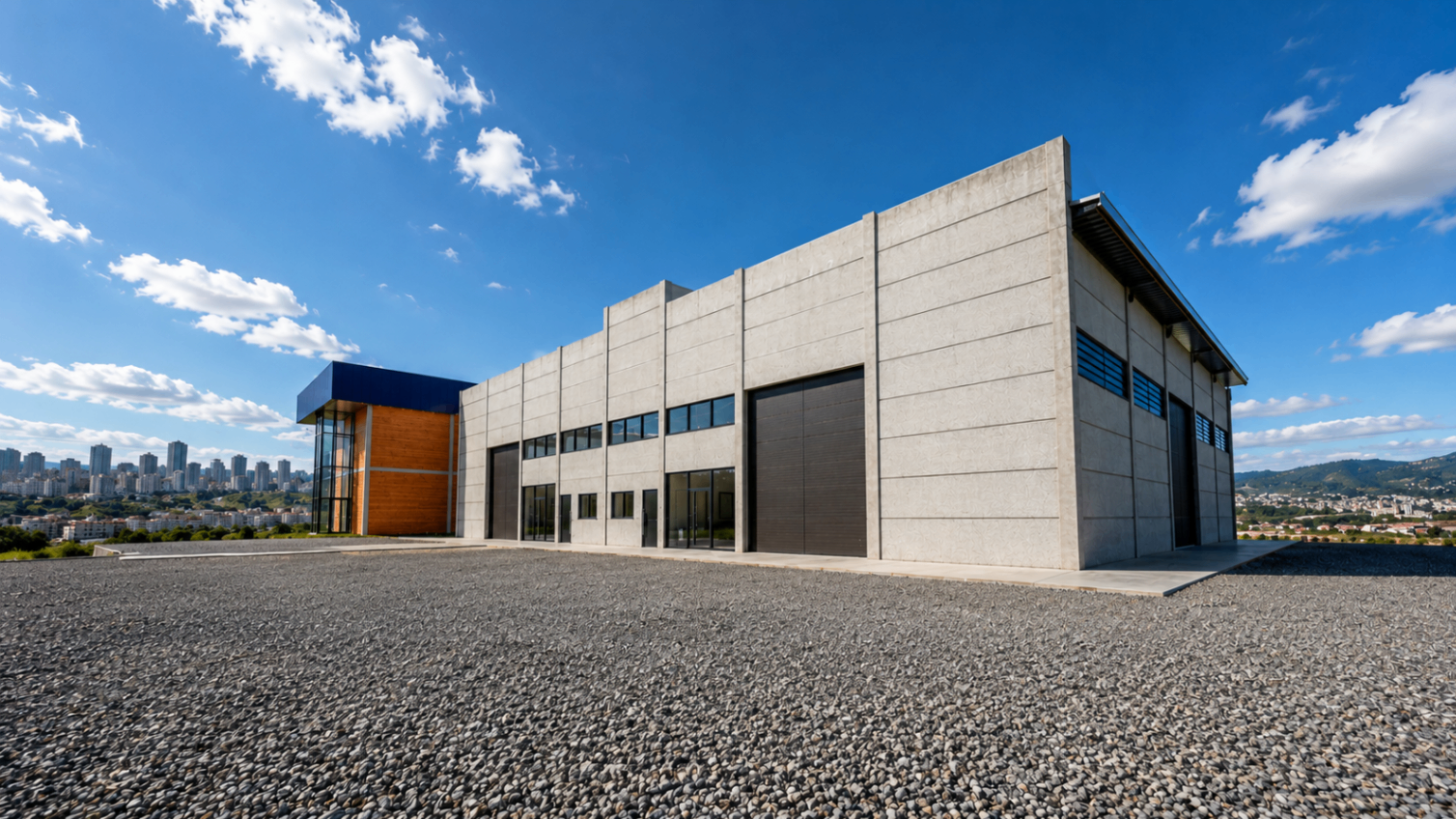 Barracão industrial de grande porte com docas e volume administrativo lateral