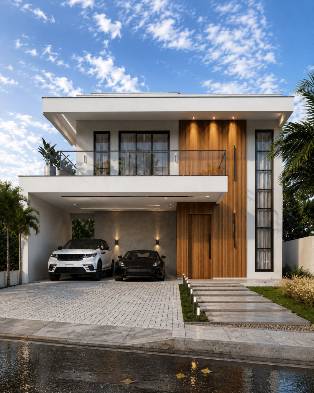 Residência contemporânea de dois pavimentos com garagem para dois carros