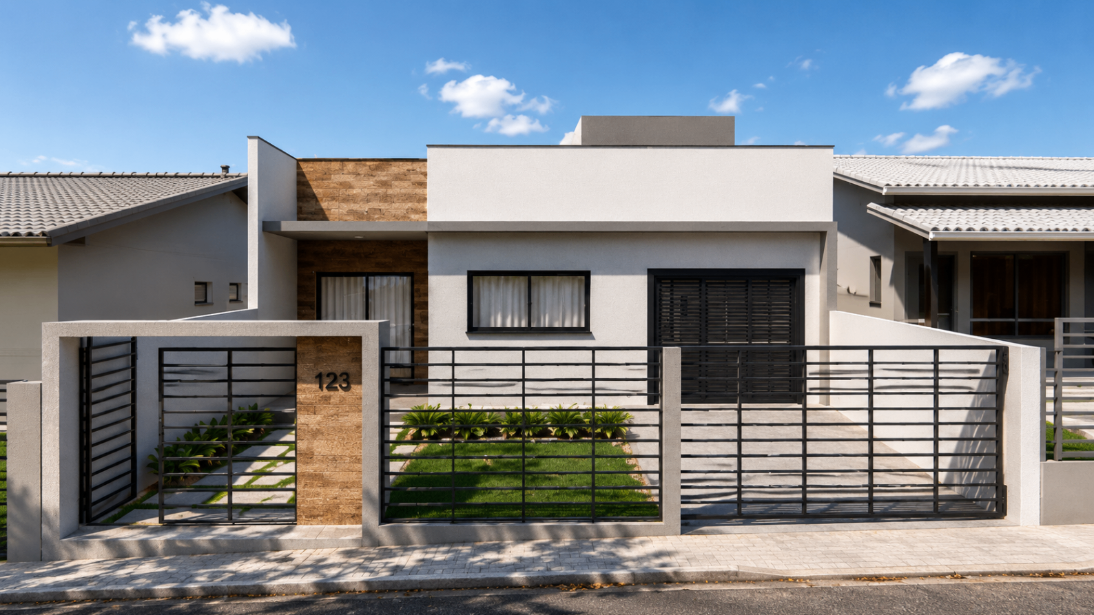 Residência unifamiliar térrea com fachada branca e detalhes em madeira