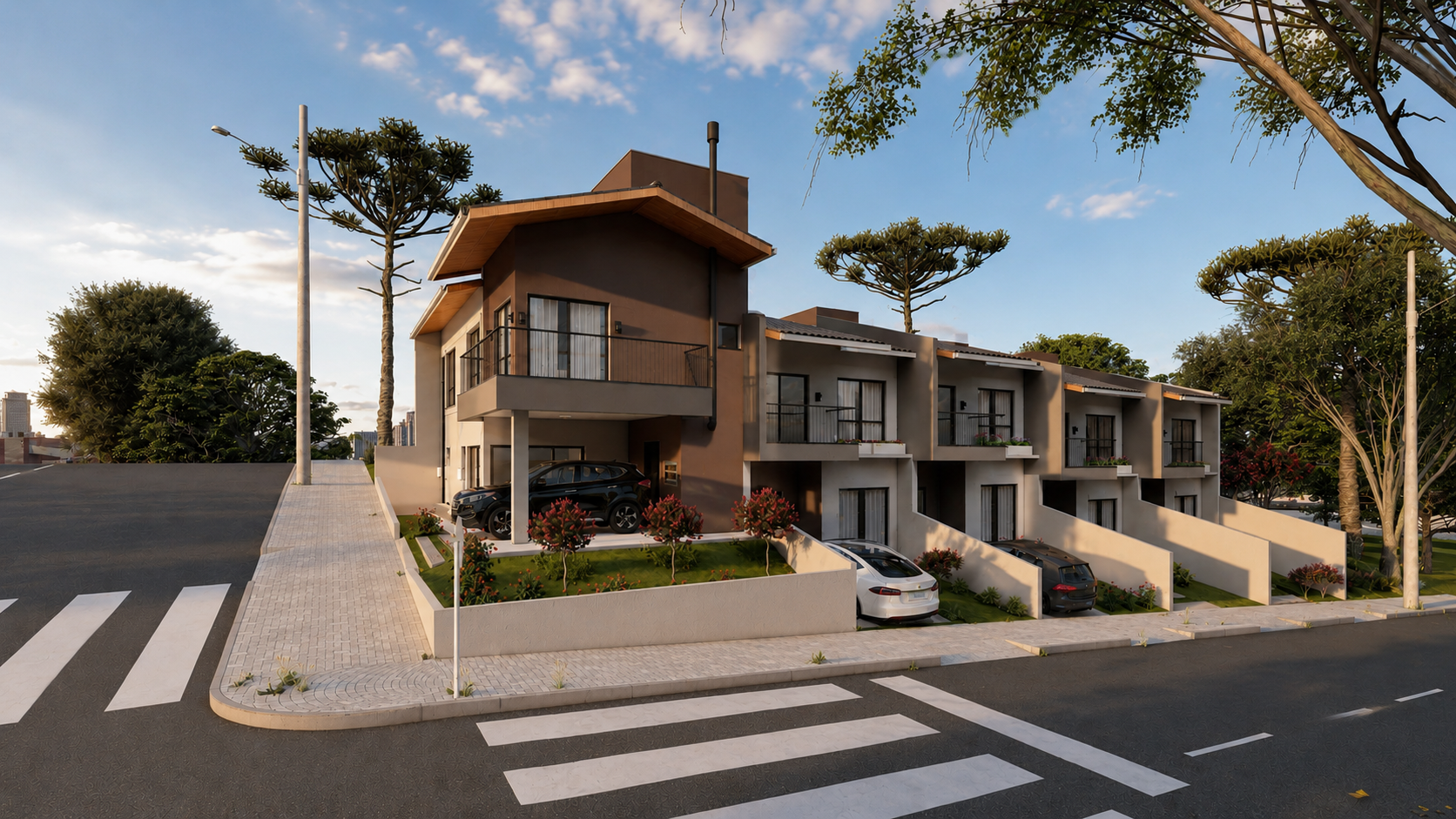 Residência unifamiliar geminada em implantação de esquina com volumetria contemporânea