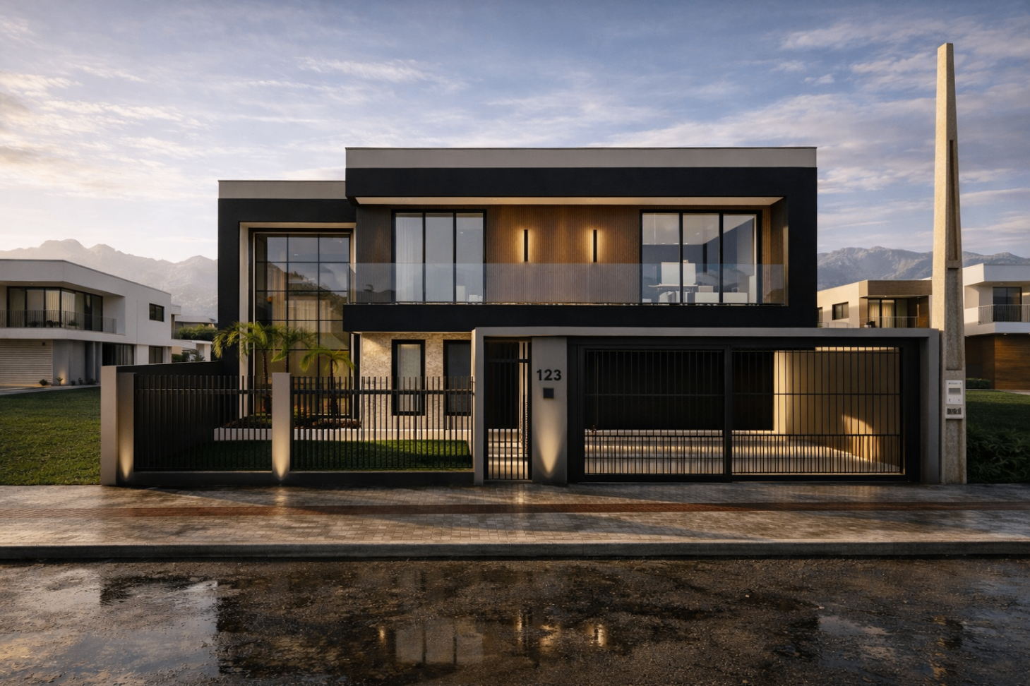 Sobrado contemporâneo com fachada escura e iluminação externa ao entardecer