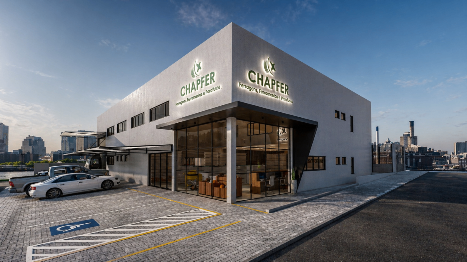 Barracão comercial de grande porte com showroom envidraçado na esquina