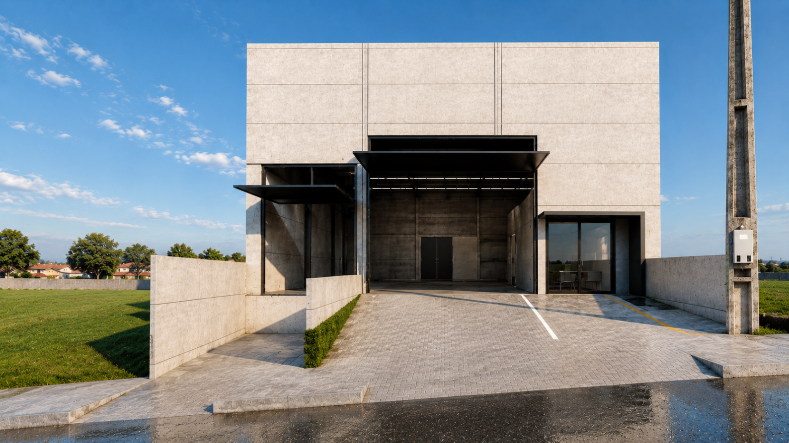Barracão comercial contemporâneo com grande vão central e acesso lateral em Chapecó