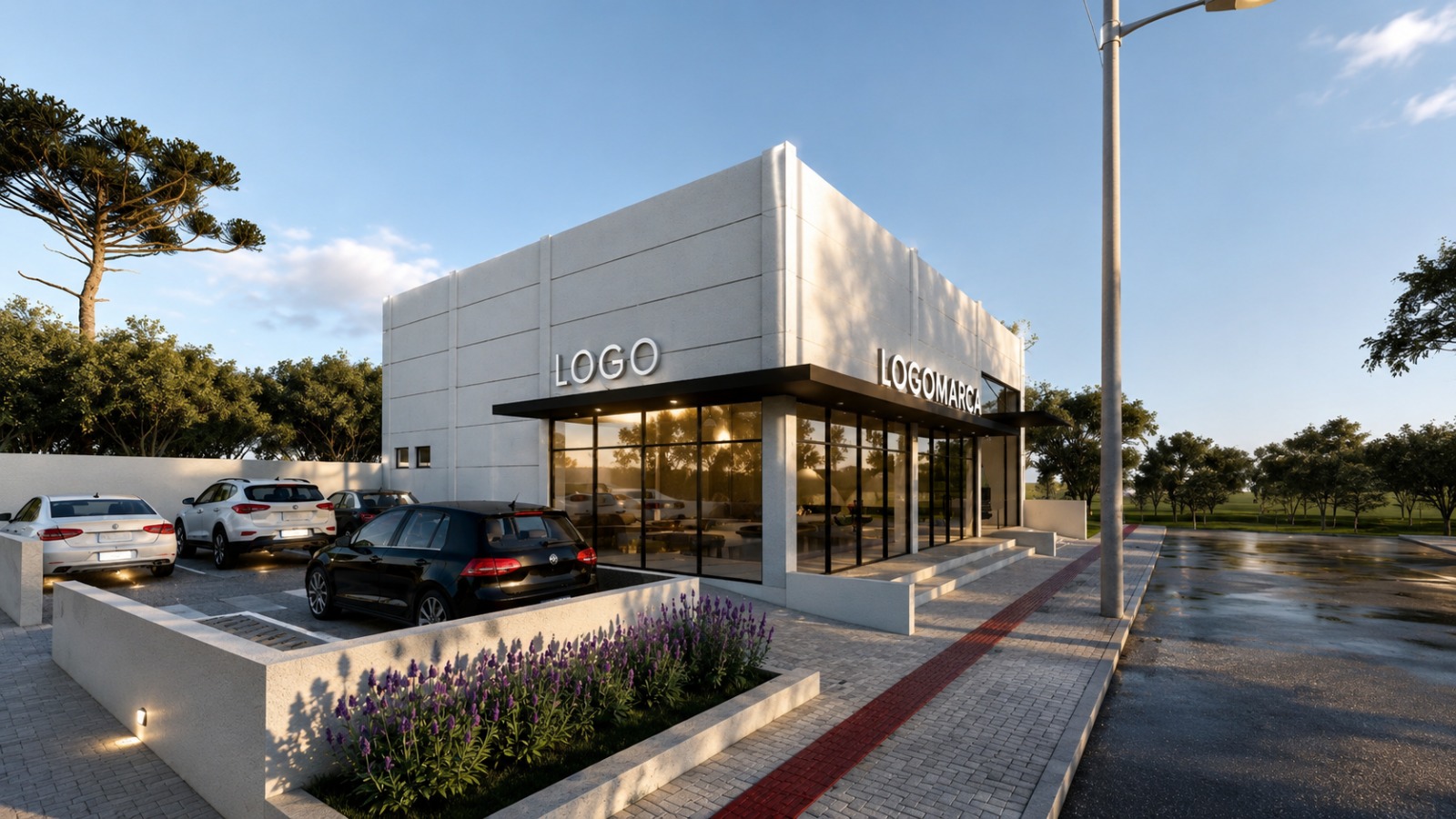 Edificação comercial térrea com fachada envidraçada e estacionamento frontal